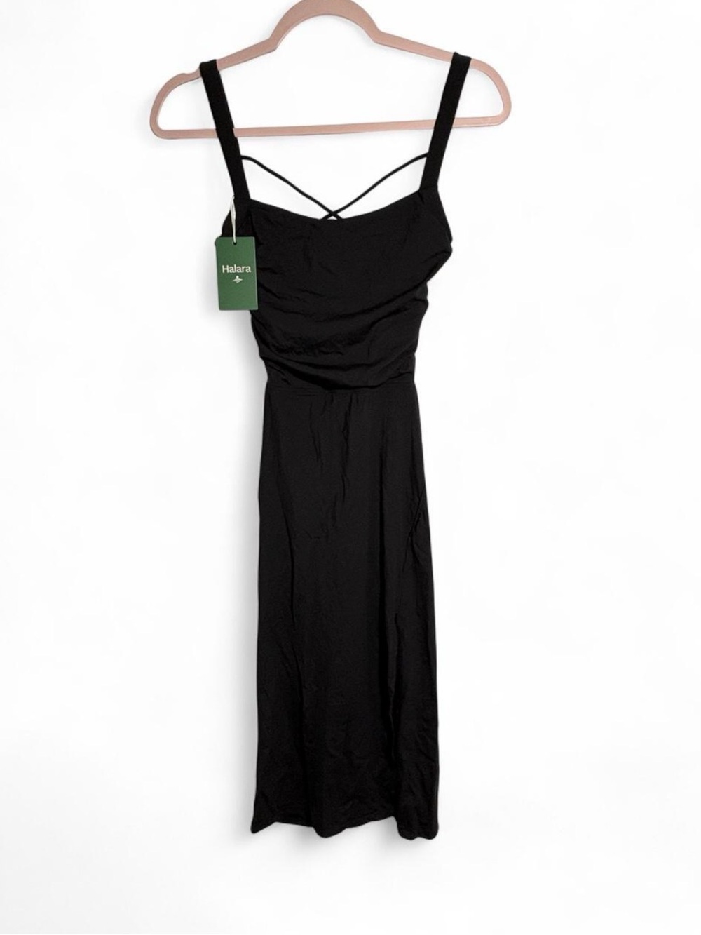 HALARA Black Strappy Ruched Midi Dress